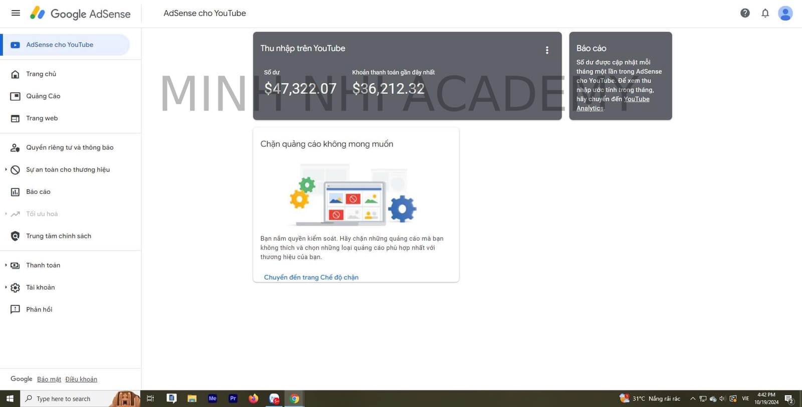 Số dư AdSense hơn 47.000$ từ kênh YouTube