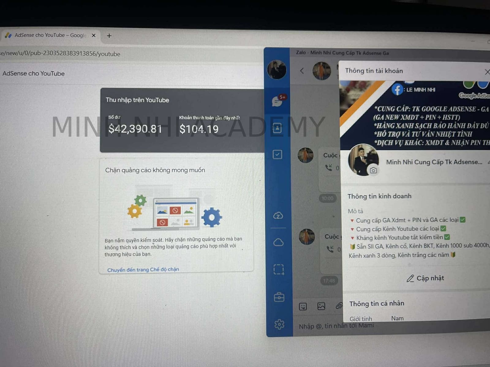 Số dư AdSense hơn 42.000$ từ kênh YouTube