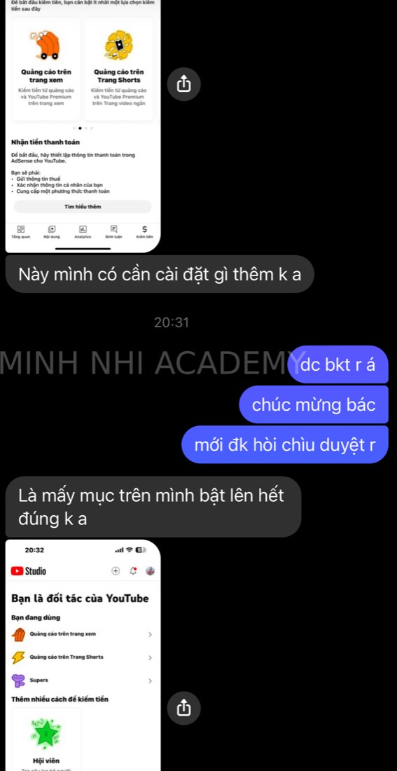 Tin nhắn & kết quả học viên khoá FYP gửi về Minh Nhi Academy